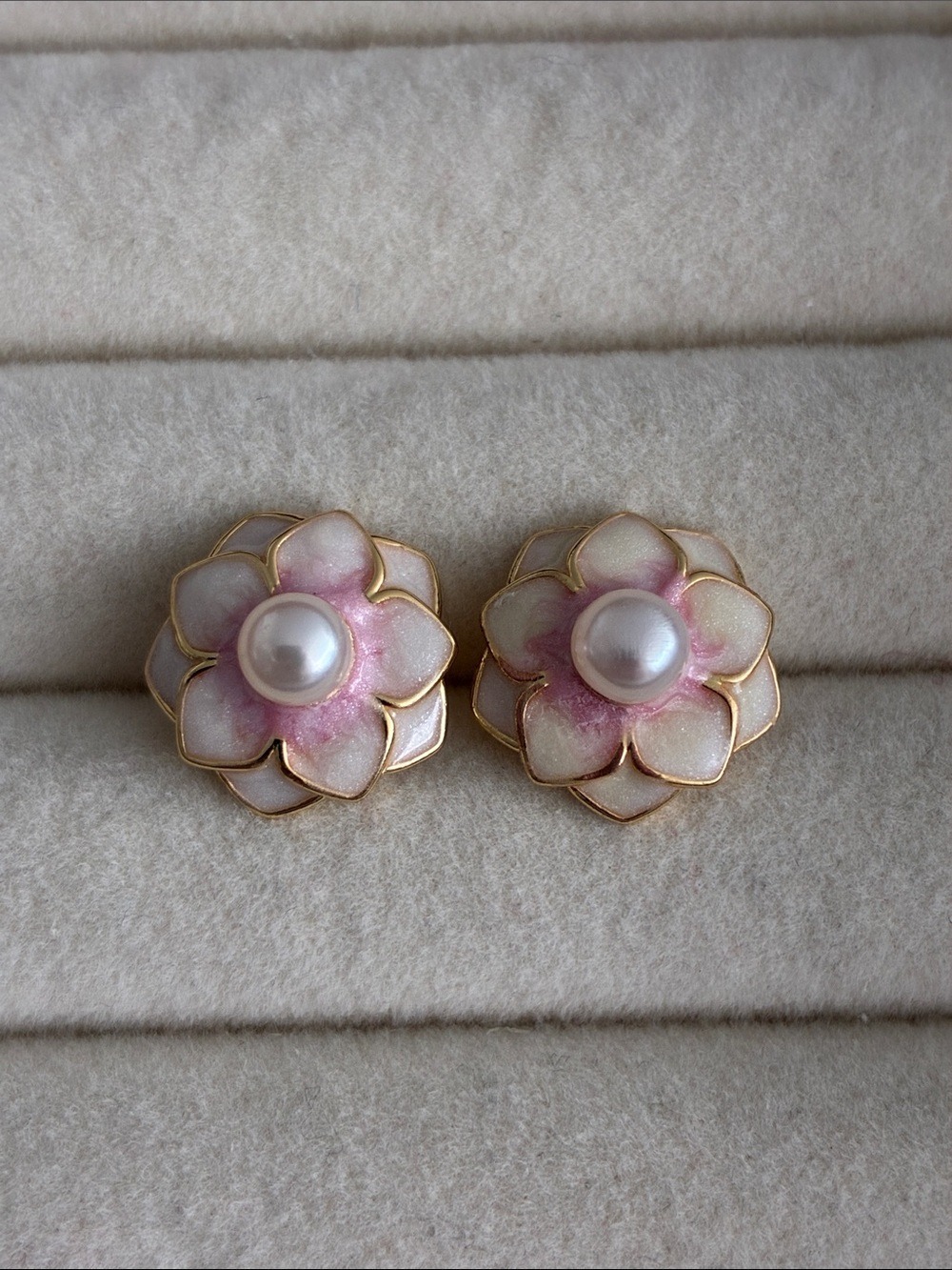 Pink Enamel Flower Stud Earrings with freshwater Pearl Center - Women Jewelry